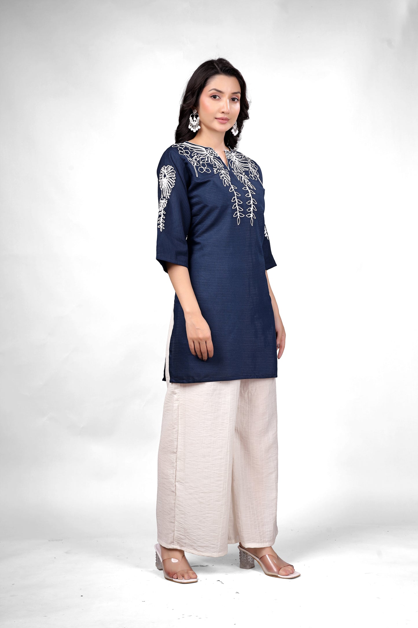 OWLSKY PURE COTTON EMBROIERY 3/4 SLEEVES STRAIT KURTA WITH PALAZZOS
