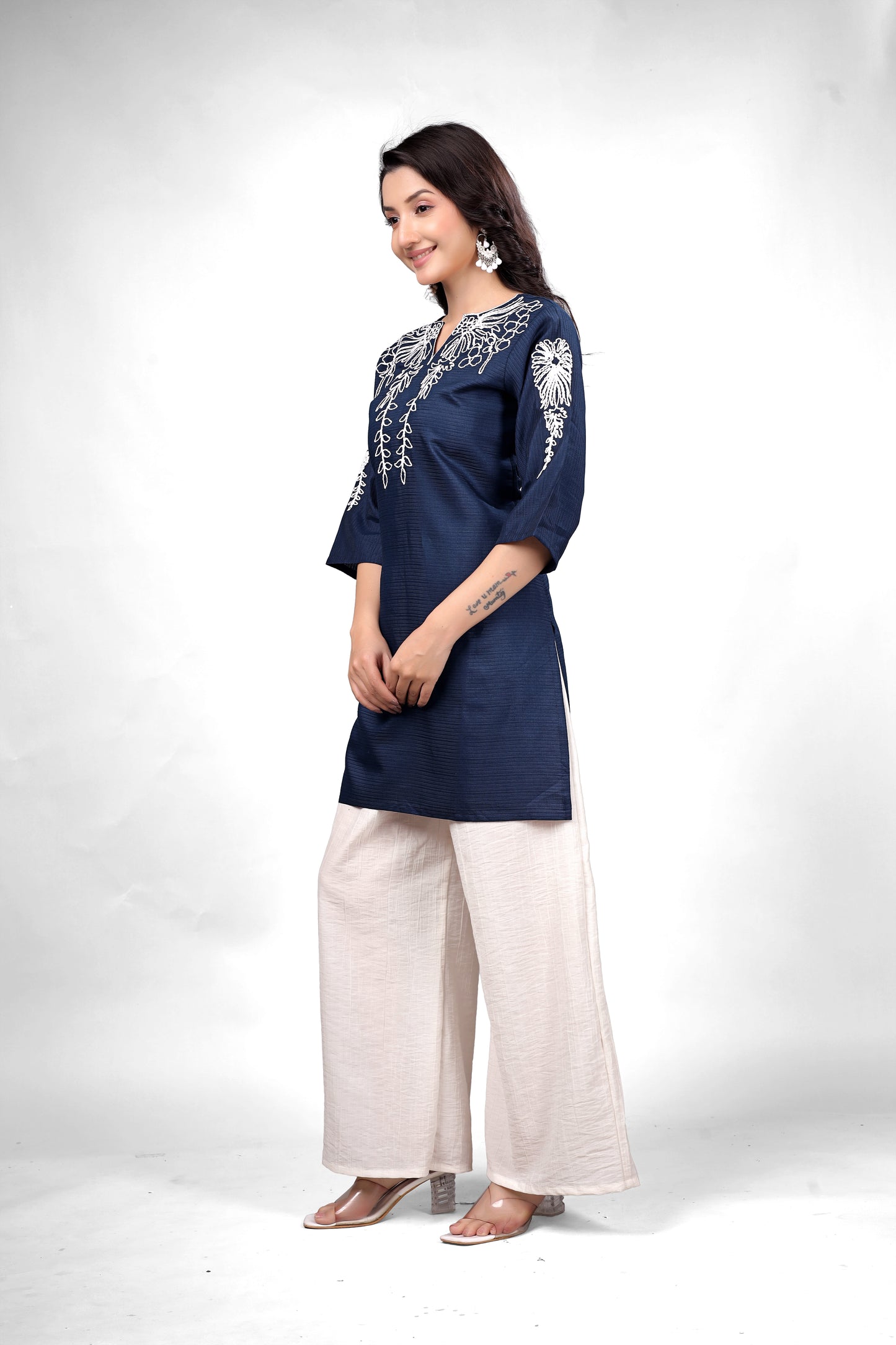 OWLSKY PURE COTTON EMBROIERY 3/4 SLEEVES STRAIT KURTA WITH PALAZZOS