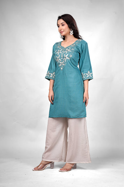 Teal Blue Embroidered Coord Set