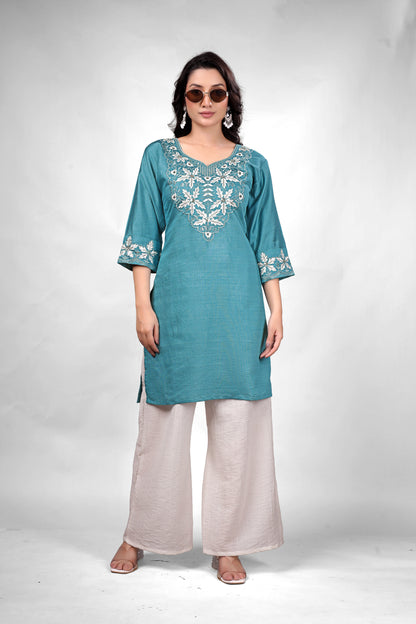 Teal Blue Embroidered Coord Set
